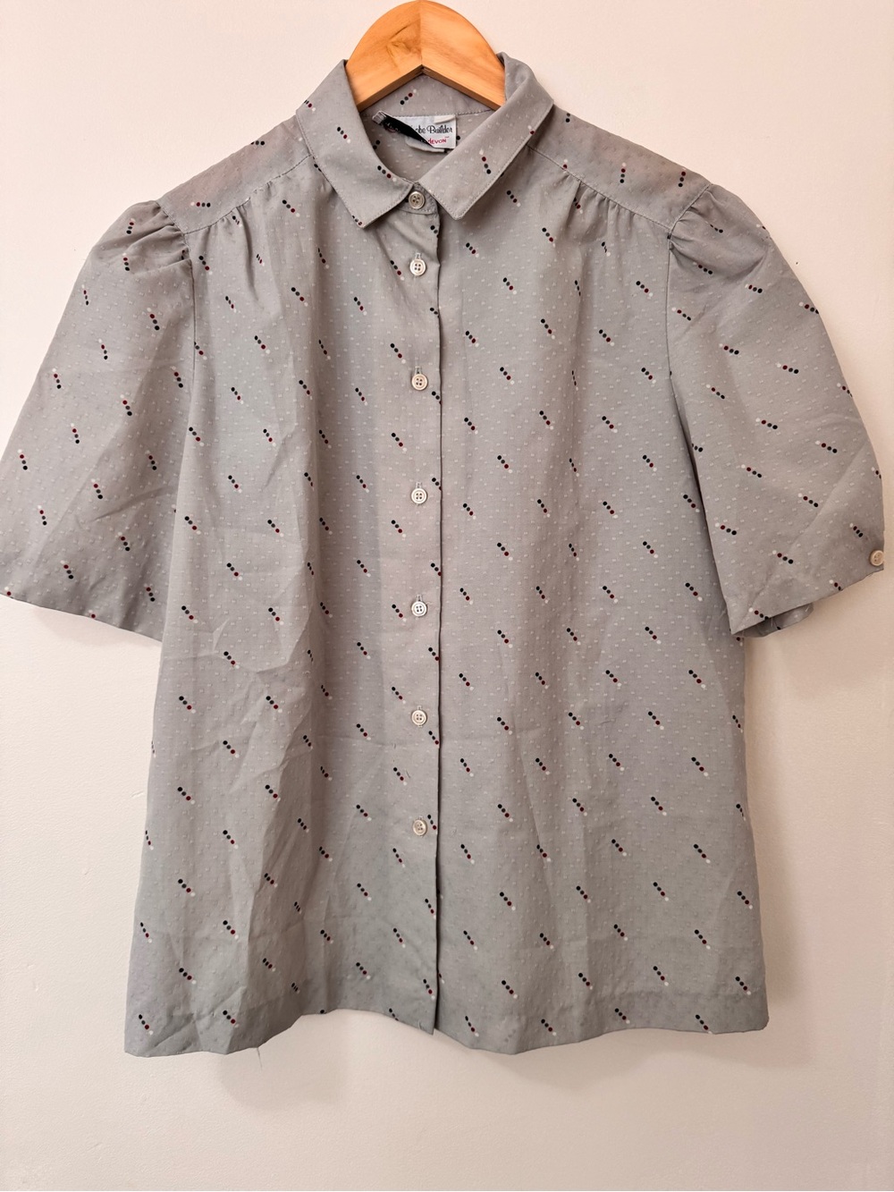 Vintage Style Grey Puff Sleeve Button-Up Blouse Women’s L